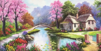 Diamentowa mozaika Domek nad rzeką z mostkiem 80x40cm 2000583