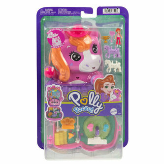 Polly Pocket Kucykowe rodeo Zestaw kompaktowy: 1 mikro lalka, 2 figurki koników i akcesoria JCR39 MATTEL