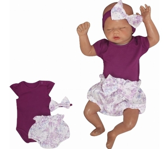 Z&Z 3-dílná sada body kr. rukáv, kraťásky, čelenka s mašlí - fialová, bílá; 56 (1-2m)