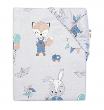 Baby Nellys Dětské bavlněné prostěradlo do postýlky, Liška a zajíc, modré; 120x60