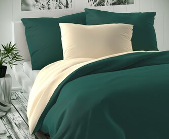 Saténové francouzské prodloužené povlečení LUXURY COLLECTION 1+2, 240x220, 70x90cm tmavě zelené / smetanové