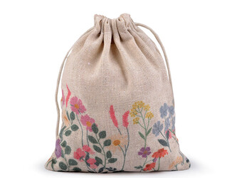 Dárkový pytlík jarní / velikonoční 13x18 cm lněný - 10 ks - 2 režná květy