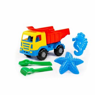 Polesie 93257 Zestaw do piasku Nr644: samochód-wywrotka Miraż + szufelka, grabki, foremki