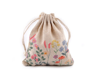 Dárkový pytlík jarní 10x13 cm lněný s květy - 10 ks - 3 režná