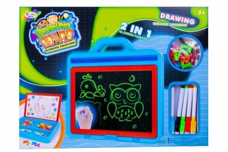 Tablica 2w1 malowanie światłem 1006015 1x tablica dwustronna, 5x mazak, 1x długopis, 26x literki z magnesem, 26x cyferki z magnesem,