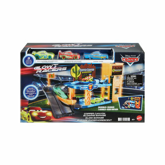 PROMO Cars Garaż Copper Canyon + 3 autka Glow Racers HPX75 MATTEL