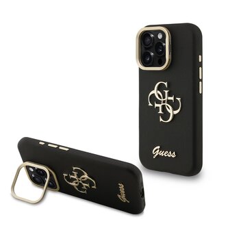Guess PU Grained 4G Logo Stand Camera Frame Zadní Kryt pro iPhone 15 Pro Max Black