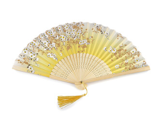 Vějíř textilní s metalickými detaily - 1 ks - 1 žlutá světlá stříbrná