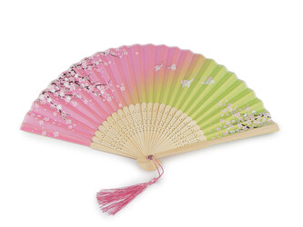 Vějíř textilní s metalickými detaily - 1 ks - 4 růžová sv. stříbrná