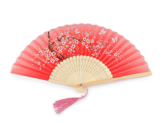 Vějíř textilní s metalickými detaily - 1 ks - 5 červená zlatá