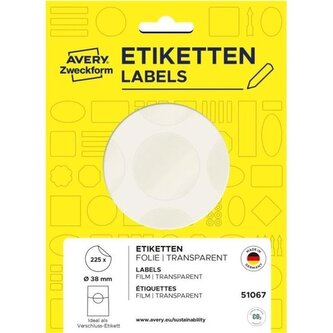 Kulaté uzavírací etikety Avery, 38 mm, čiré, 225ks