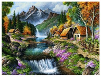 Diamantový obrázek -Chaty u horské řeky 30x40cm