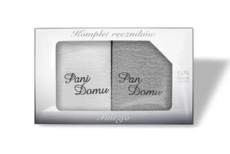 RĘCZNIK KPL.FINEZJA 2 SZT/2x70X140/ FROTTE HAFT"PAN DOMU I PANI DOMU" BIAŁY/SZARY