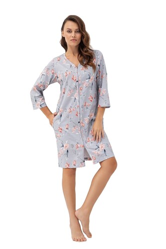 Szlafrok Luna 392 M-2XL L24 damski szary kwiaty M