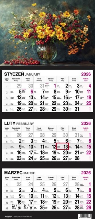 Kalendarz 2026 Trójdzielny Bukiet