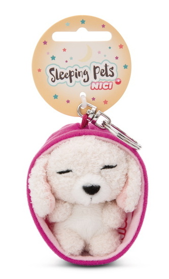 NICI 49992 Brelok Sleeping Pets pies pudel biały 8cm, koszyk różowy