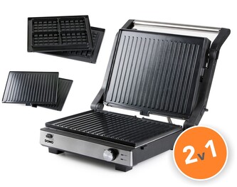 Kontaktní gril a vaflovač 2v1 - DOMO DO9287G, Keramický povrch PFAS free, Příkon: 1 800 W, Možnost otevření o 180°