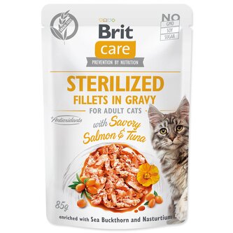 Kapsička Brit Care Cat Sterilized losos a tuňák, filety v omáčce 85g