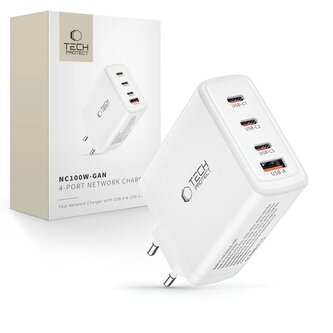 Ładowarka Tech-Protect NC100W-GAN sieciowa GaN 3x USB-C PD 100W / USB-A QC 3.0 - biała