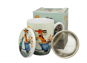 Porcelánový hrnek se sítkem Psí svět PES NA SKÚTRU, 360 ml