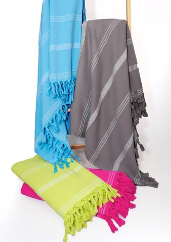 RĘCZNIK PLAŻOWY Z FRĘDZLAMI RELAX 90X170 cm LIMONKA W PASKI