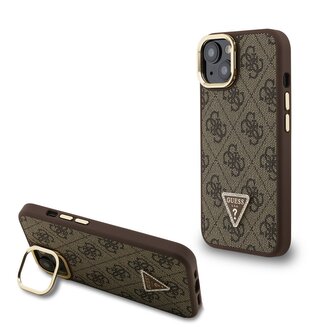 Guess PU 4G Strass Triangle Logo Stand Camera Frame MagSafe Zadní Kryt pro iPhone 15 Brown