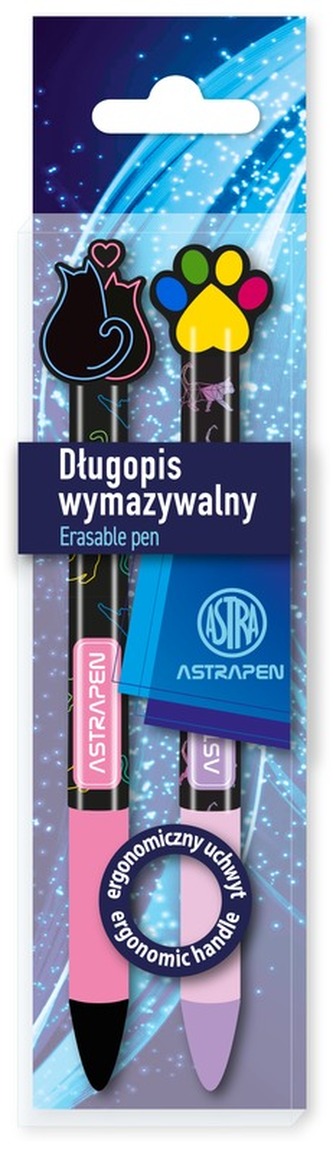 Długopis automatyczny wymazywalny z gumowym uchwytem 0,5 mm Pen Oops! Cats 2szt. PET box, Astra