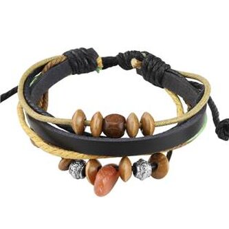 NR1126 Kožený náramek s dřevěnými korálky - černá