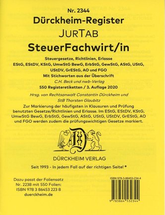 DürckheimRegister® STEUERFACHWIRT/IN Steuegesetze- Richtlinien + Erlasse mit Stichworten (2020)