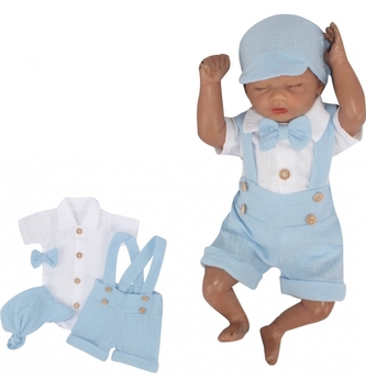 Mušelínové kraťasy s láclem, bodýčko, čepička, motýlek 4D sada, Z&Z, modrá/bílá, vel. 86; 86 (12-18m)