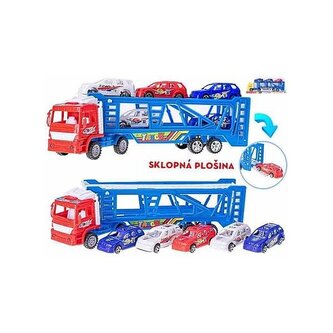 Přepravník aut 38cm na setrvačník s auty 5ks volný chod 2barvy