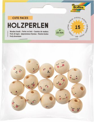 Korálky dřevěné - obličeje, 15 ks (15 mm)