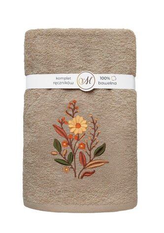 RĘCZNIK KPL.MARIBELLA 3 SZT./30X50/50X100/70X140/ FROTTE HAFT 001 KWIATKI JASNY BEŻ
