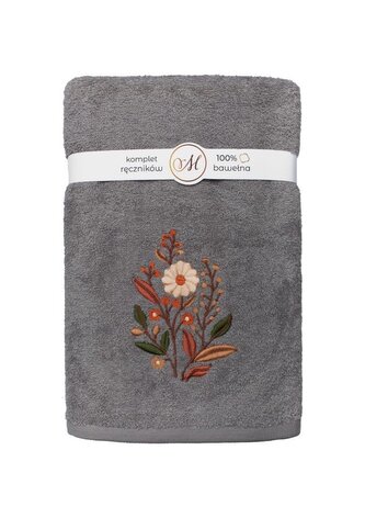 RĘCZNIK KPL.MARIBELLA 3 SZT./30X50/50X100/70X140/ FROTTE HAFT 001 KWIATKI CIEMNY SZARY