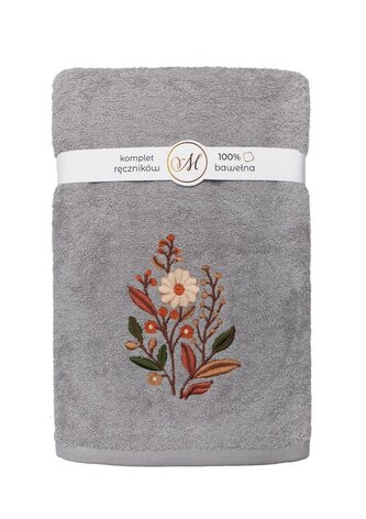 RĘCZNIK KPL.MARIBELLA 3 SZT./30X50/50X100/70X140/ FROTTE HAFT 001 KWIATKI JASNY SZARY