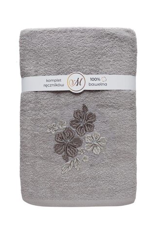 RĘCZNIK KPL.MARIBELLA 3 SZT./30X50/50X100/70X140/ FROTTE HAFT 004 HIBISKUS JASNY SZARY