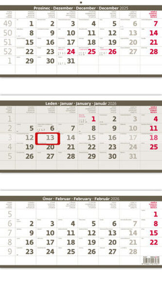 Tříměsíční kalendář skládaný šedý 2026 - nástěnný kalendář