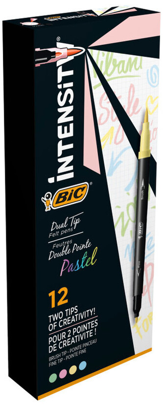 Flamastry dwustronne, 4-kol. pastelowe 12 szt., Intensity Dual Tip, BiC