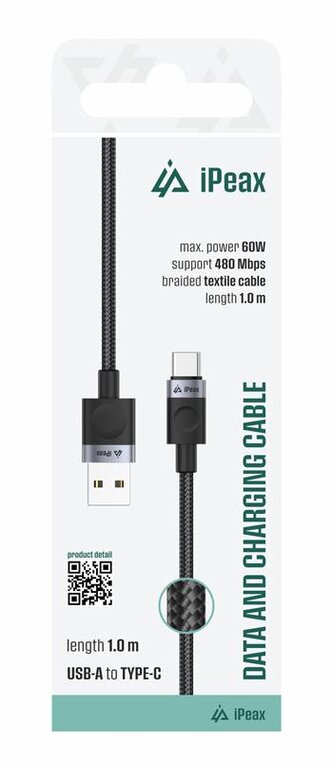 iPEAX textilní kabel USB-A / USB-C 1M, USB 2.0 černý
