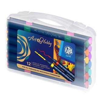 Markery akrylowe dwustronne trókątne. Astra Art&Hobby. Walizka 12 kolorów