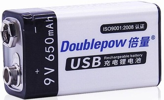 Baterie nabíjecí Li-Ion 9V 650mAh 6F22, Doublepow, napájení USB