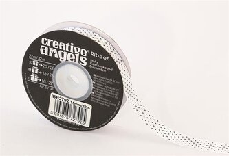 Saténová stuha, bílá s černými puntíky, 15 mm x 22 m, IBB2792