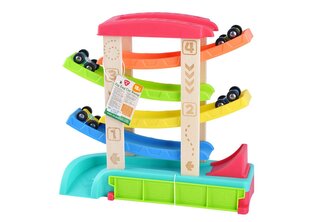 Dráha závodní kaskádová pro auta +auta 4ks dřevo/plast 33x32x10cm 18m+