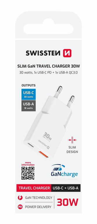 SWISSTEN TENKÝ SÍŤOVÝ ADAPTÉR GaN USB-C + USB-A 30W BÍLÝ