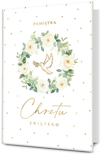 Książeczka Chrzest biała, wianek i gołąb