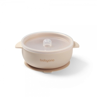 Silikonová miska s přísavkou a víčkem  - béžová