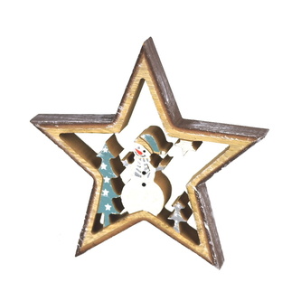 Hvězda dřevěná se sněhulákem 15 cm
