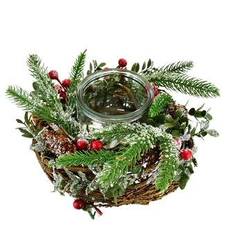 Ratanový svícen s červenými bobulemi Ø22 cm