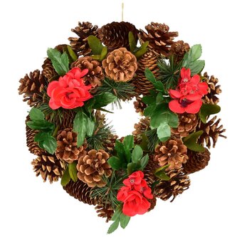 Věnec šiškový se červenými kvítky Ø30 cm