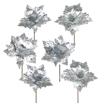 Poinsetie květ zápich třpytivá stříbrná Ø25 cm, 6 ks